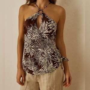 Planet 100% silk satin keyhole front and back tie side halter top